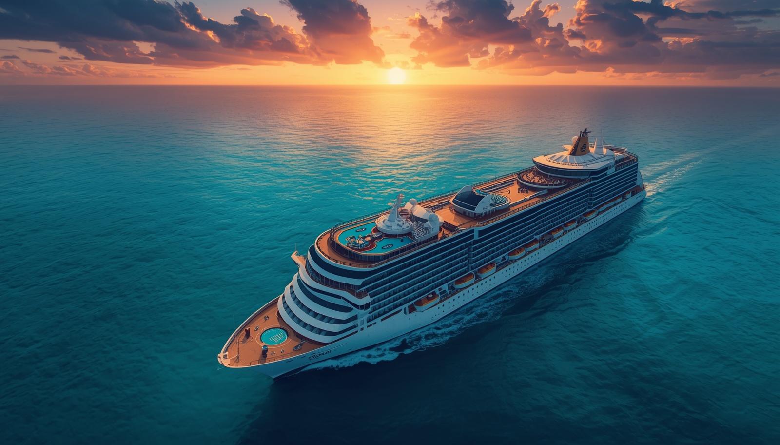 Luxury cruise ship sailing on turquoise ocean waters at sunset, aerial view showing the deck and pools