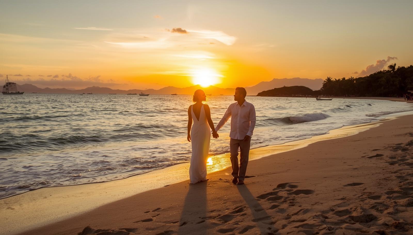 Romantic couple on honeymoon, bride and groom on tropical beach at sunset, holding hands, wedding celebration and romance