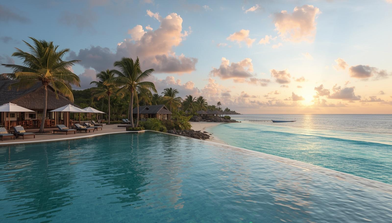 Tropical all-inclusive resort with infinity pool overlooking turquoise beach, palm trees, luxury cabanas and ocean view